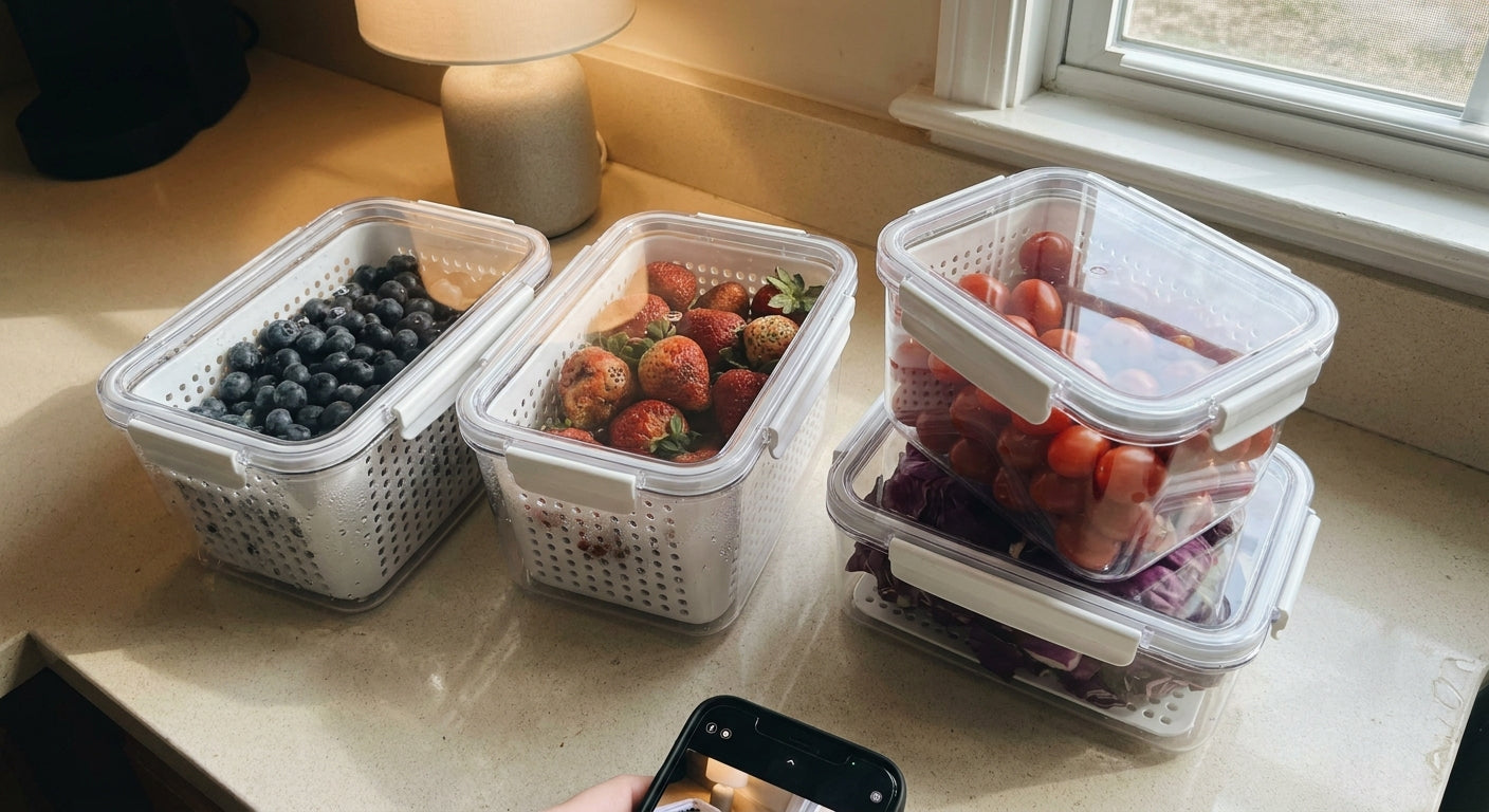 Fresh produce stored in organized containers